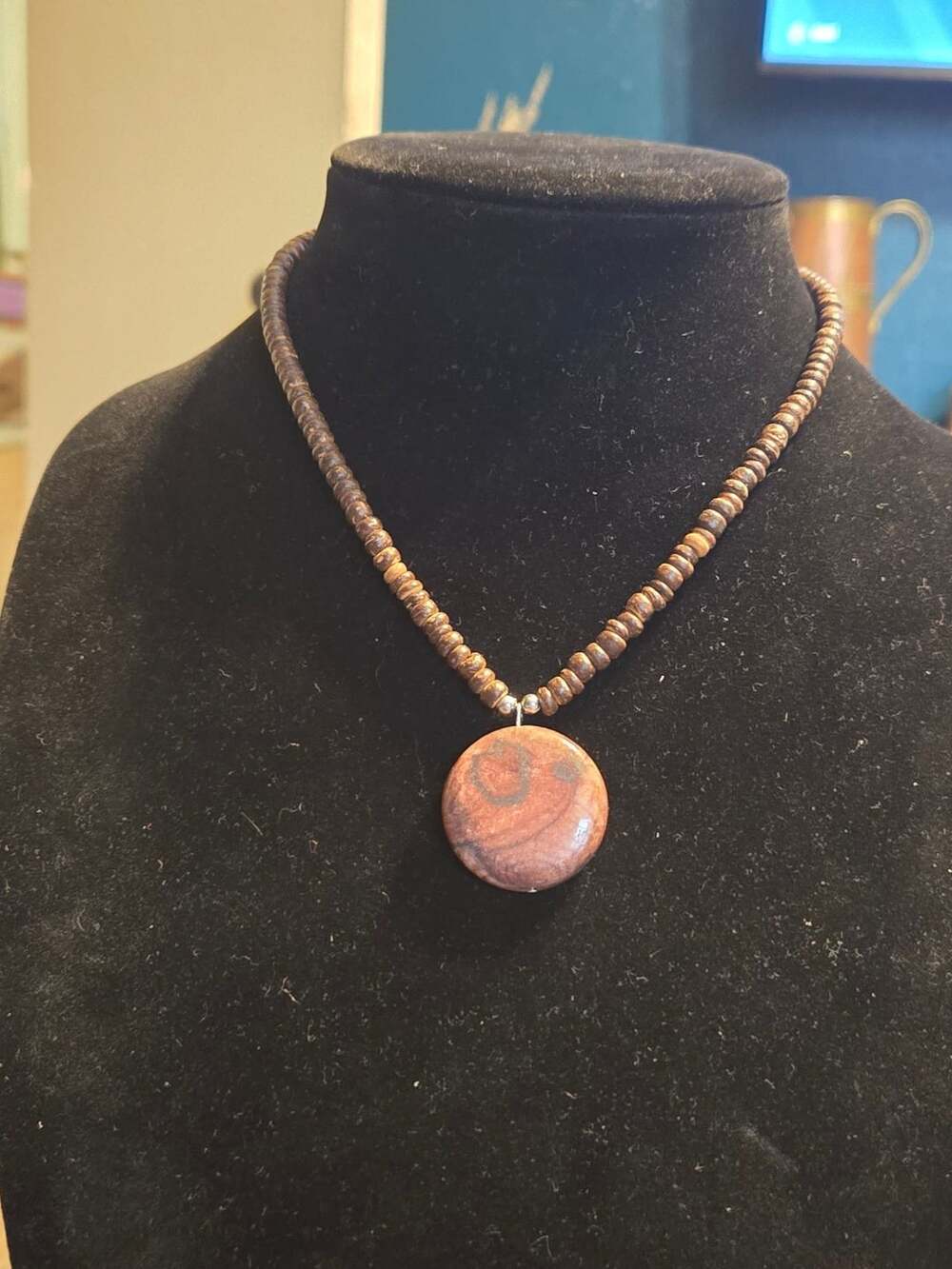 Artisan Stone Pendant Necklace Brown Wood Bead Brecciated Jasper